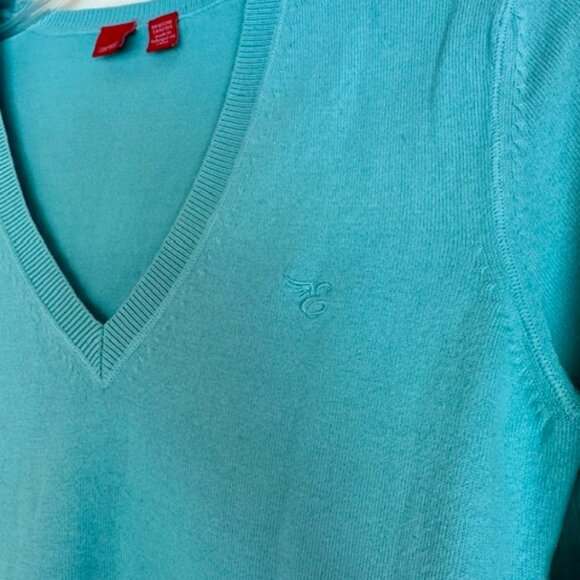 Turquoise cotton knit v-neck sweater - Picture 3 of 4
